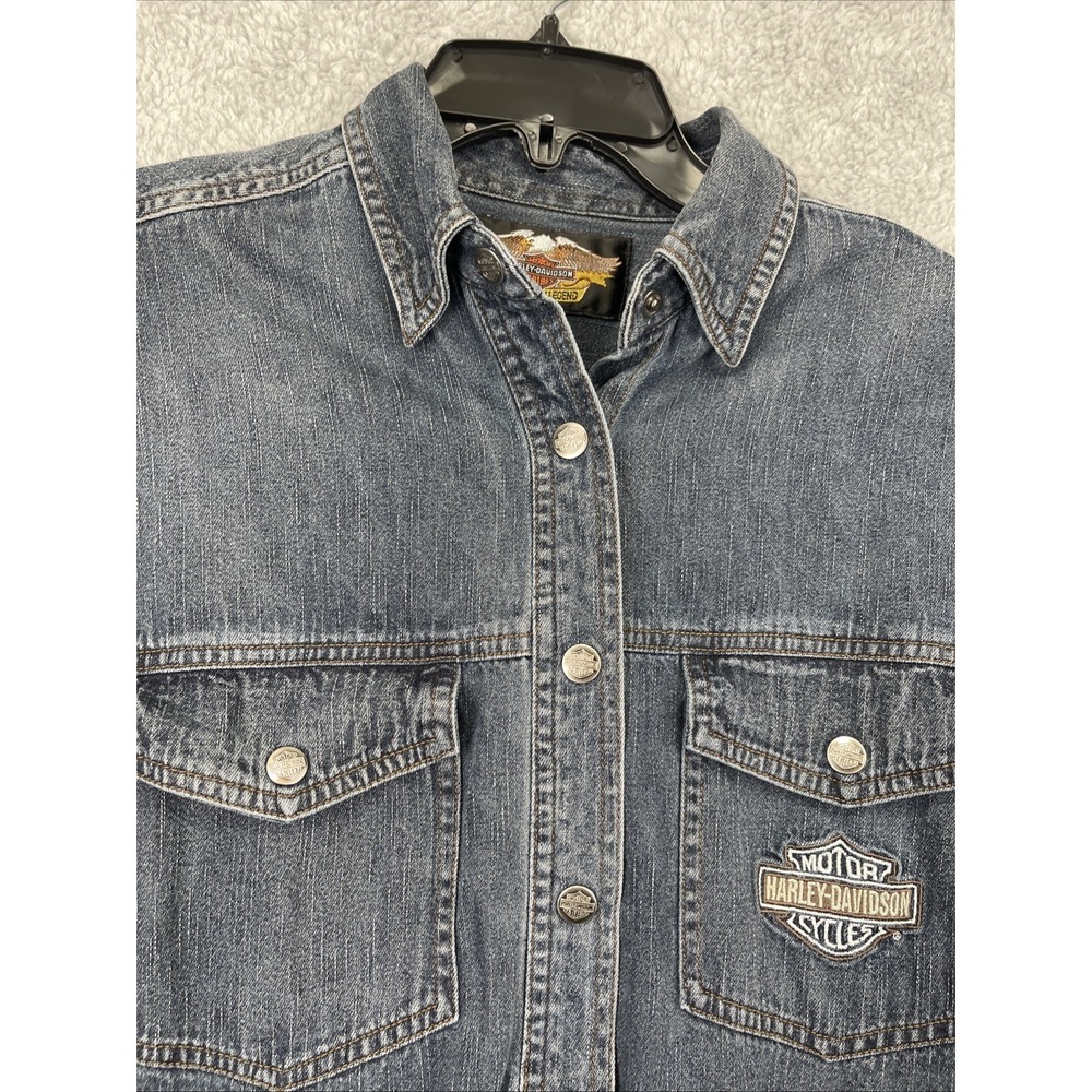 Harley Davidson Denim Snap Button Shirt Womens Medium Embroidery Pocket